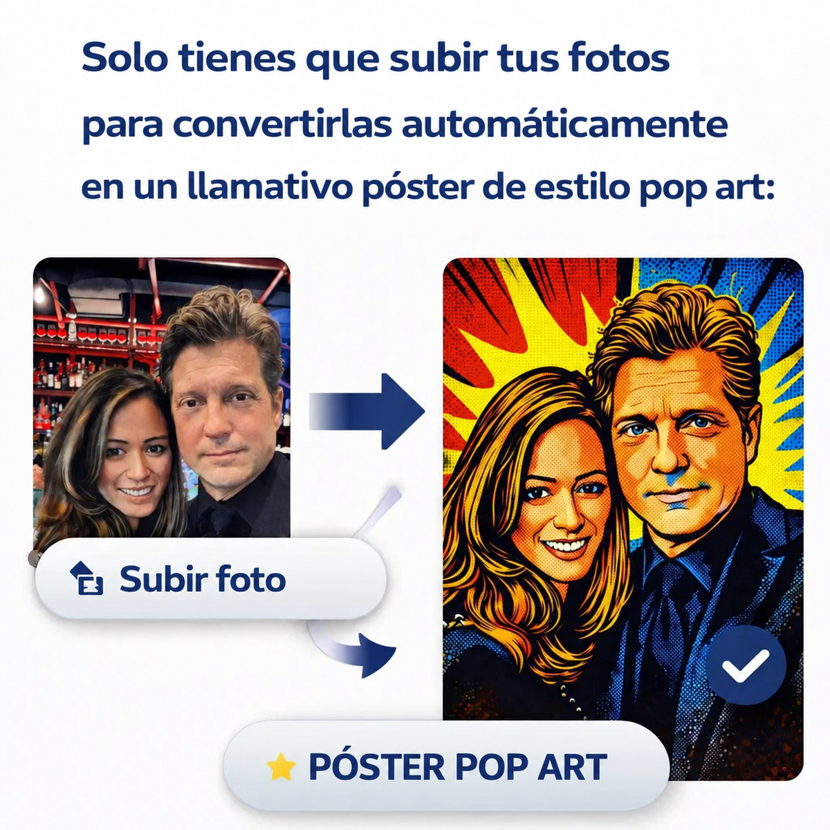Esempio prima e dopo: trasformare una foto in un ritratto di coppia in stile pop art.